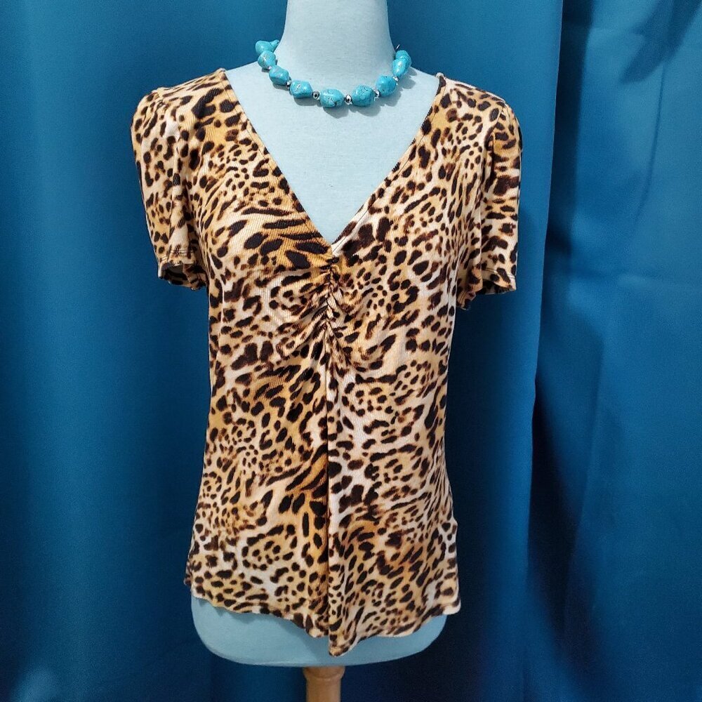 INC Leopard Puff sleeve V neck gathered front - XL